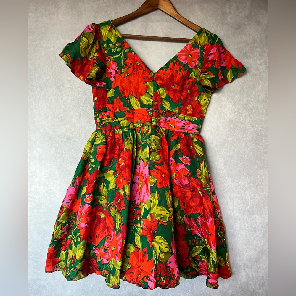 Floral V-Neck Dress - Red, Green, Pink - Picture 6 of 10